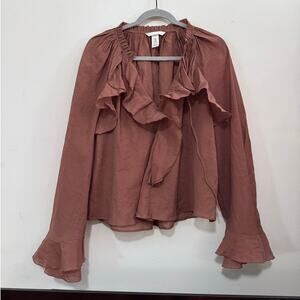 H&M dusty rose ruffle tie front blouse size L